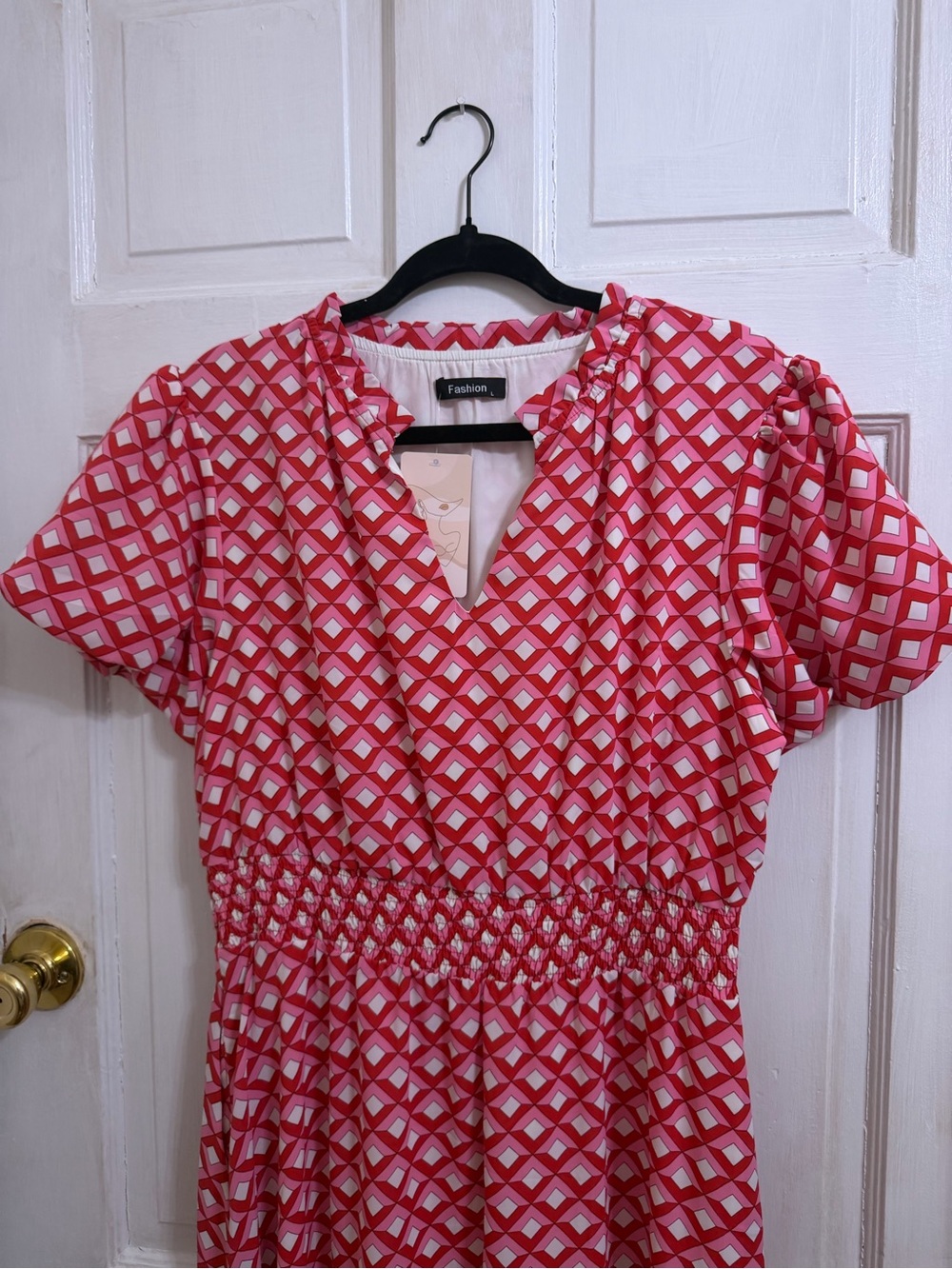 Pink Geometric Maxi Dress with Elastic Waist - Picture 3 of 5
